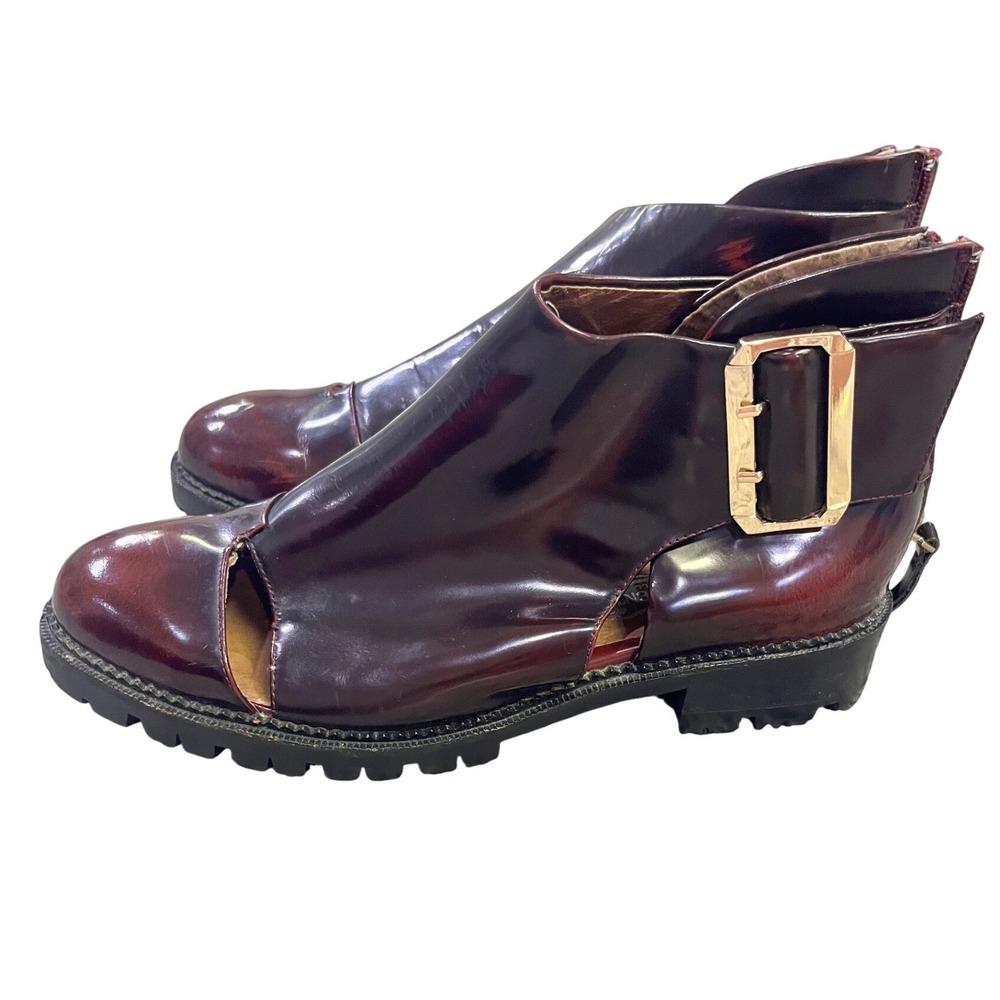 Jeffrey Campbell Great Moments Burgundy Patent Leather Cut Out Lug Boots 9.5